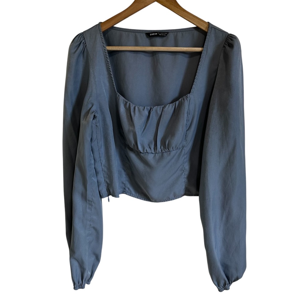 Shein Blue Crop Top Square Neck Long Sleeve Blouse‎ Size L